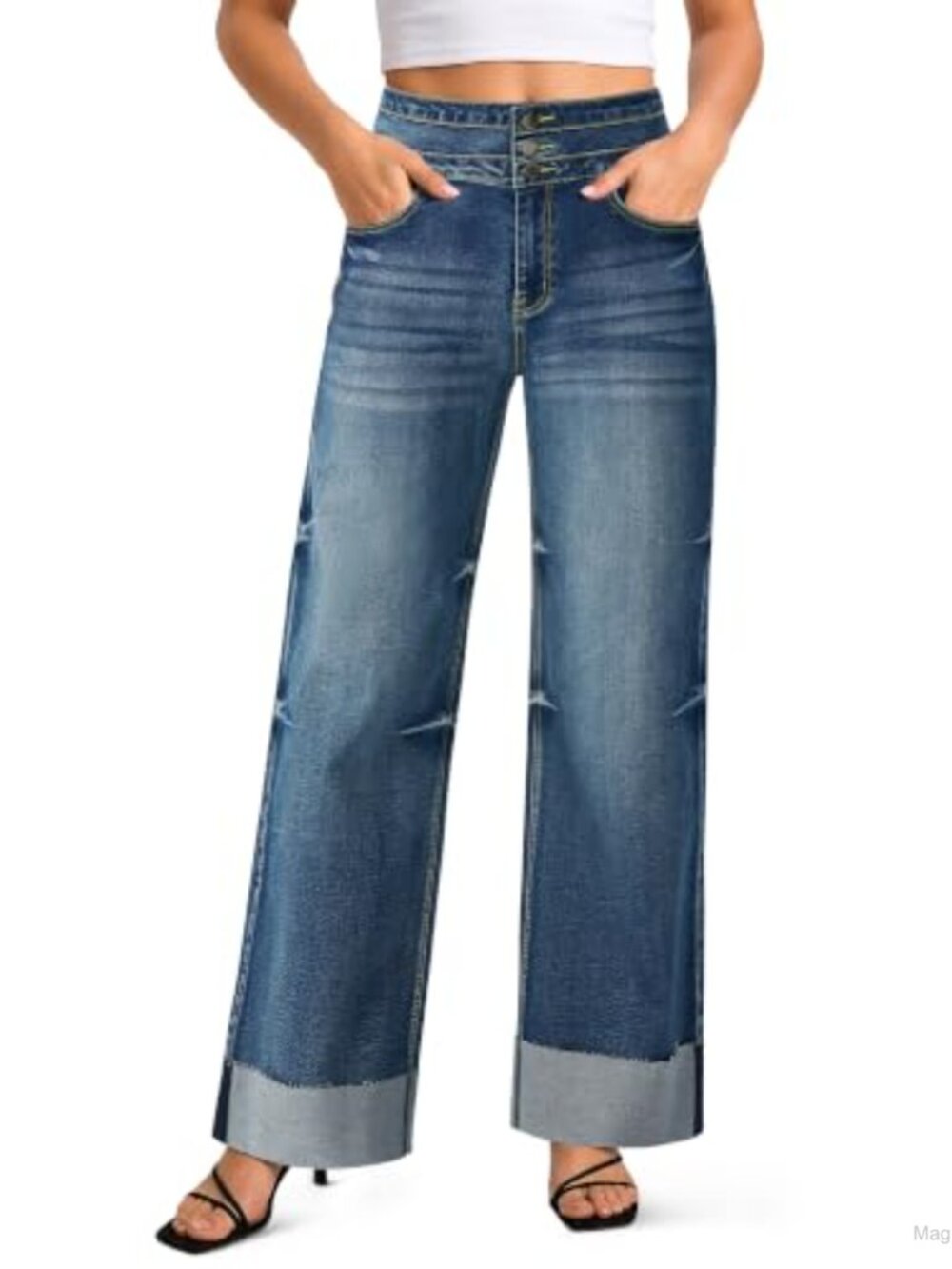 High Waisted Wide Leg Jeans with Cuffed Hem, Stretchy